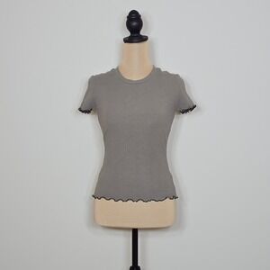 Who What Wear Ribbed Lettuce Edge Top Sage Green Short Sleeve WFAL21T9 Small